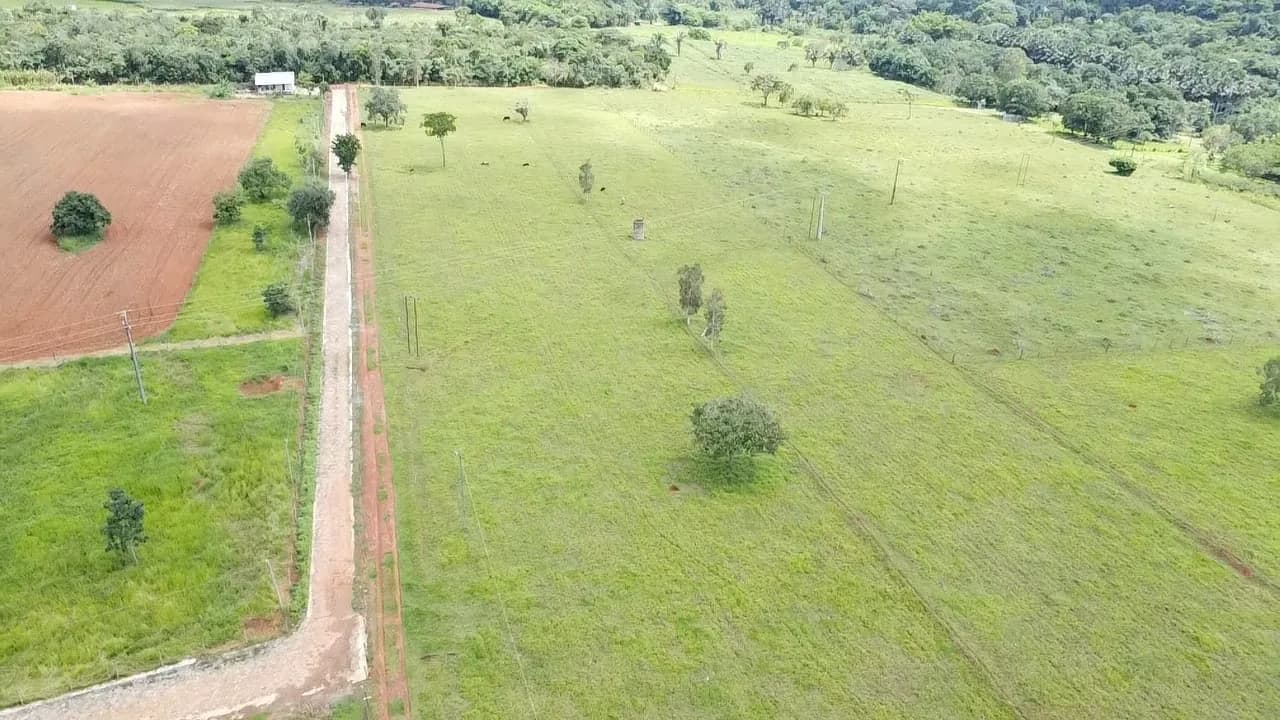 Foto de drone da Fazenda Vau das Pombas: estrada interna e pasto